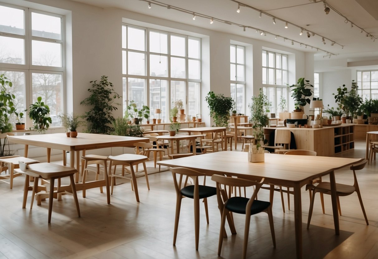A spacious Scandinavian furniture shop with minimalist designs, clean lines, and natural materials. Light floods in through large windows, illuminating the sleek displays of chairs, tables, and shelves