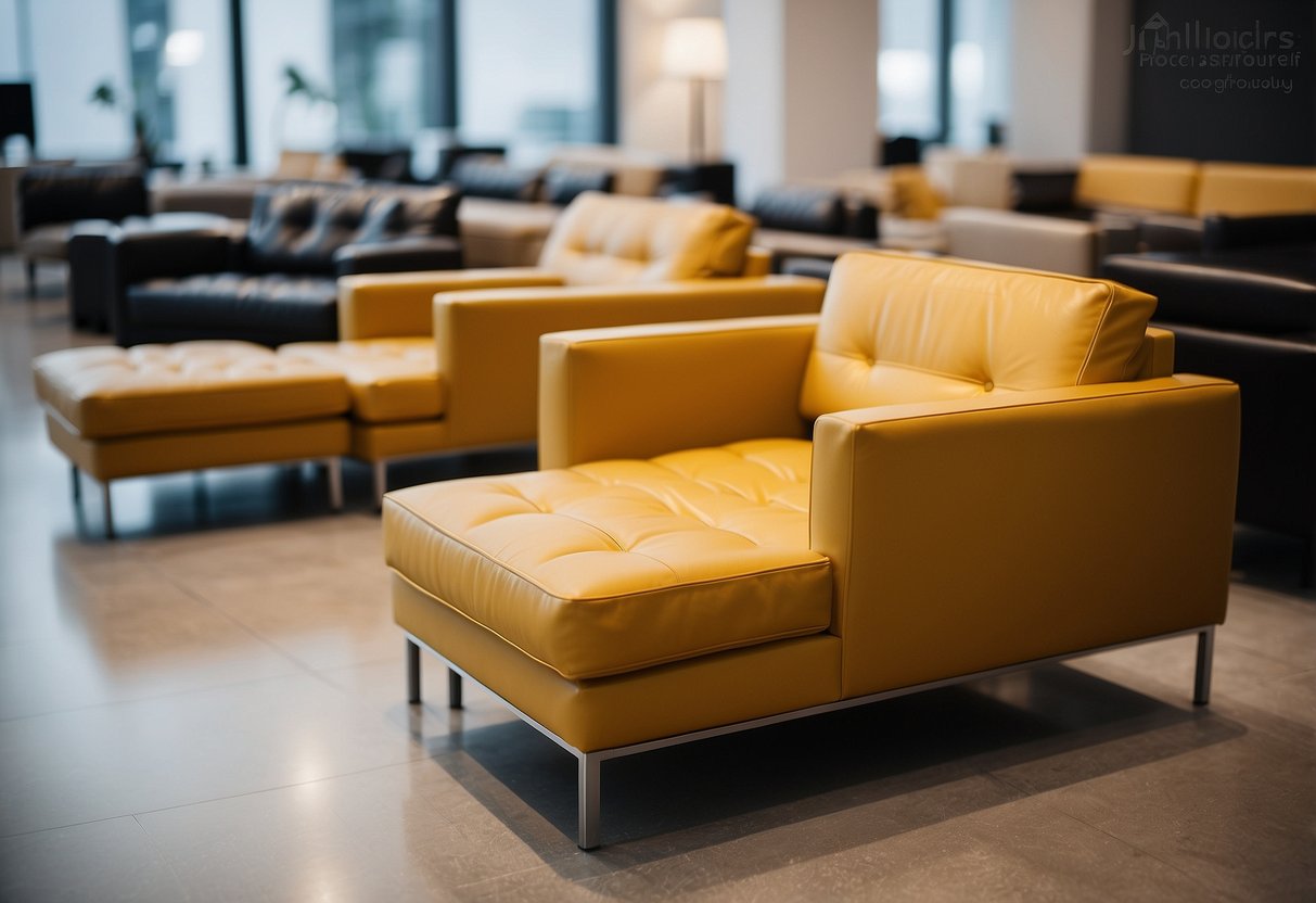 Furniture arranged neatly for sale, tagged with prices. Clean and polished surfaces, no visible damage