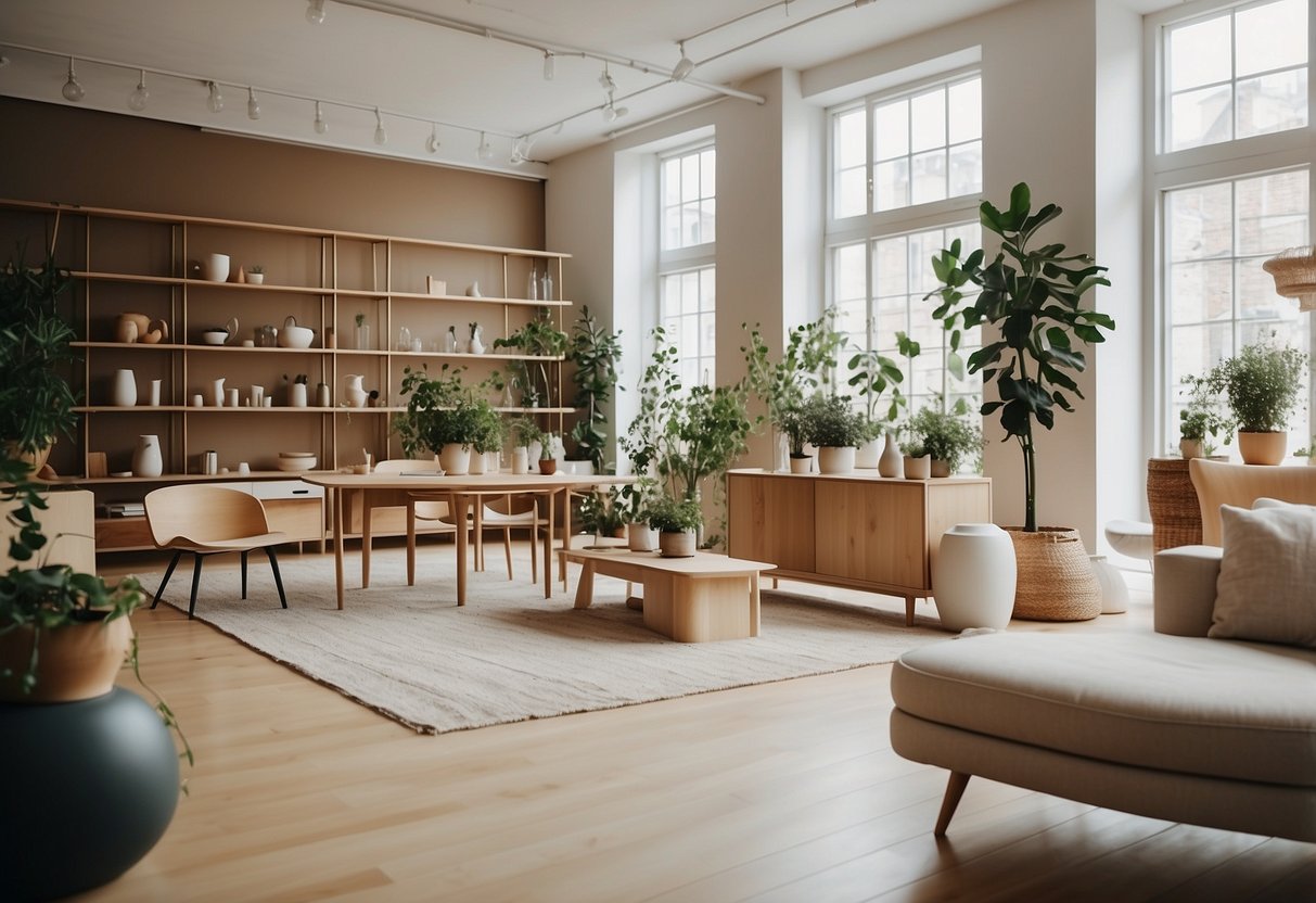 A spacious, minimalist scandinavian furniture shop with clean lines, light wood, and functional, stylish pieces displayed in a bright, airy setting
