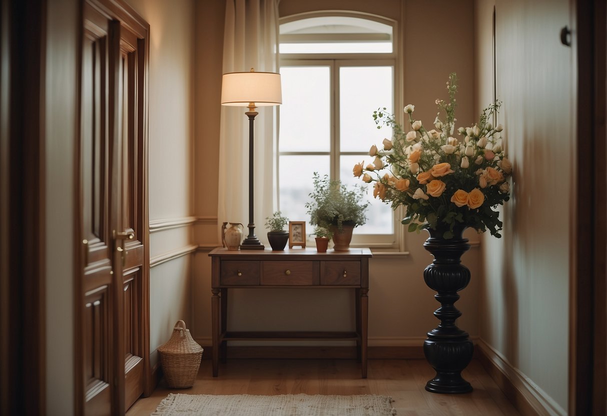 A vintage hallway with a wooden coat rack, umbrella stand, and a small table with a decorative lamp and a vase of flowers
