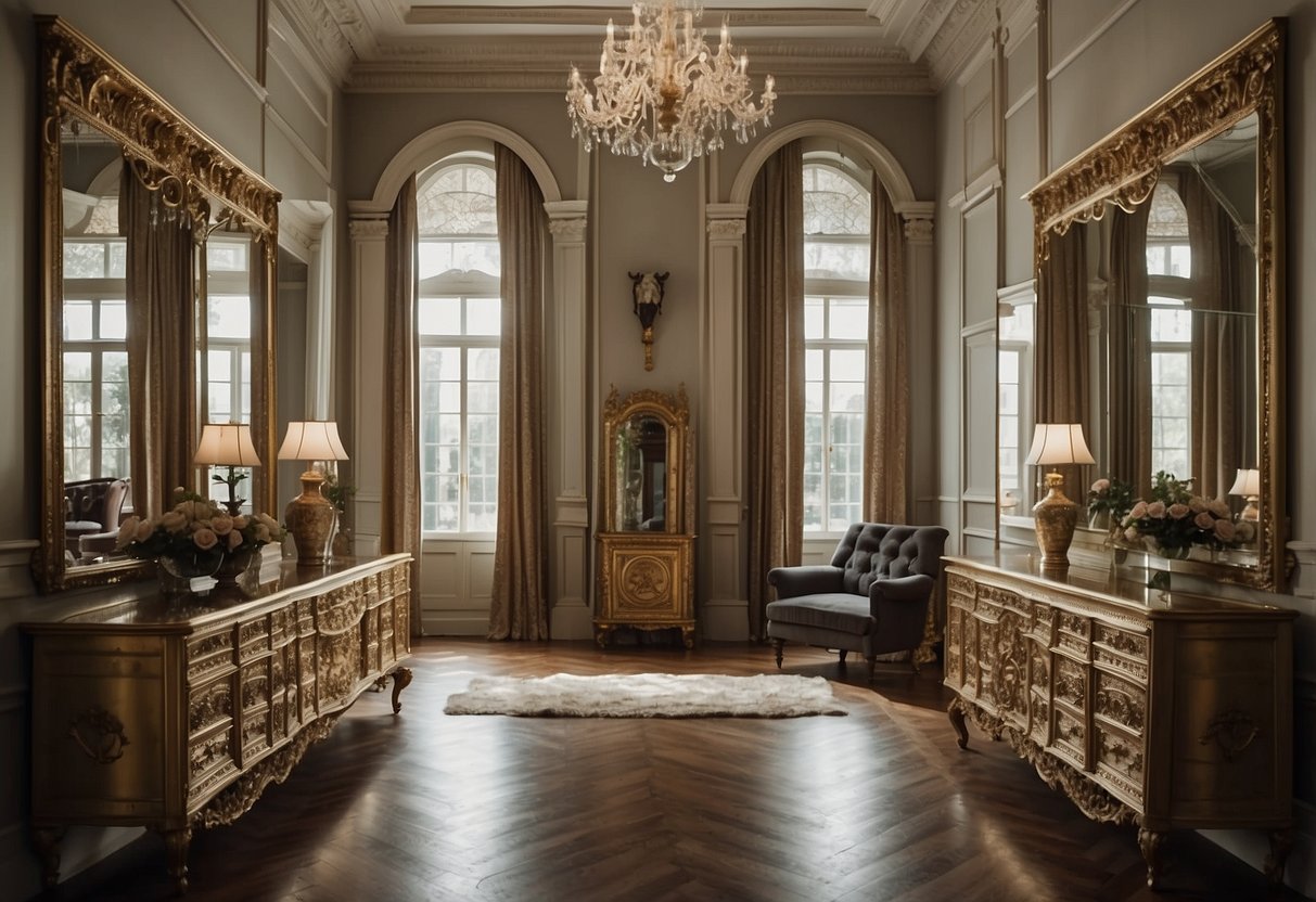 A hallway lined with ornate, antique furniture in various styles and finishes. A grand mirror reflects the intricate details of the pieces