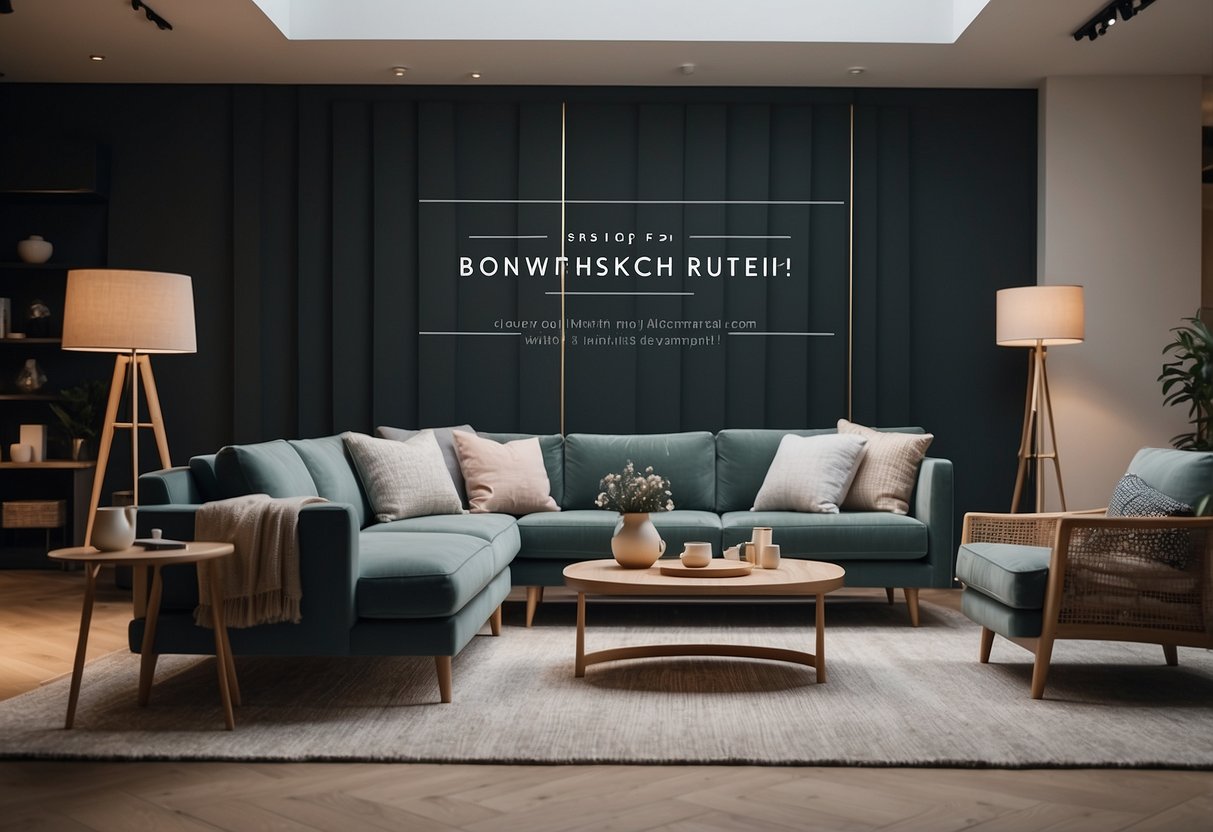 The Scandinavian furniture shop displays sleek sofas, minimalist tables, and cozy rugs. A sign advertises interior design services