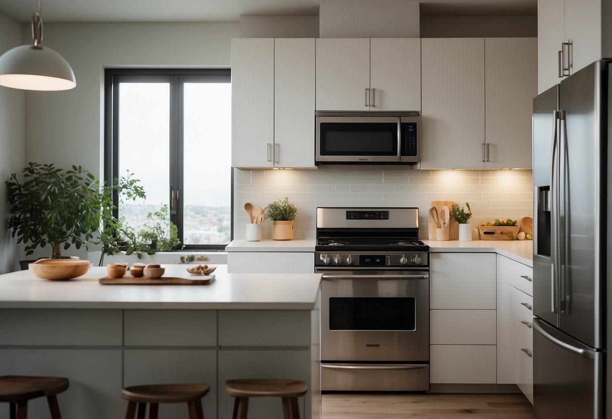 A modern kitchen with sleek IKEA furniture and stainless steel appliances. Bright natural light fills the space, highlighting the clean lines and minimalist design