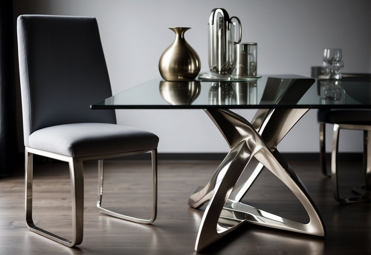 Silver furniture legs support a sleek, modern table. The metal gleams under soft lighting, adding a touch of elegance to the room
