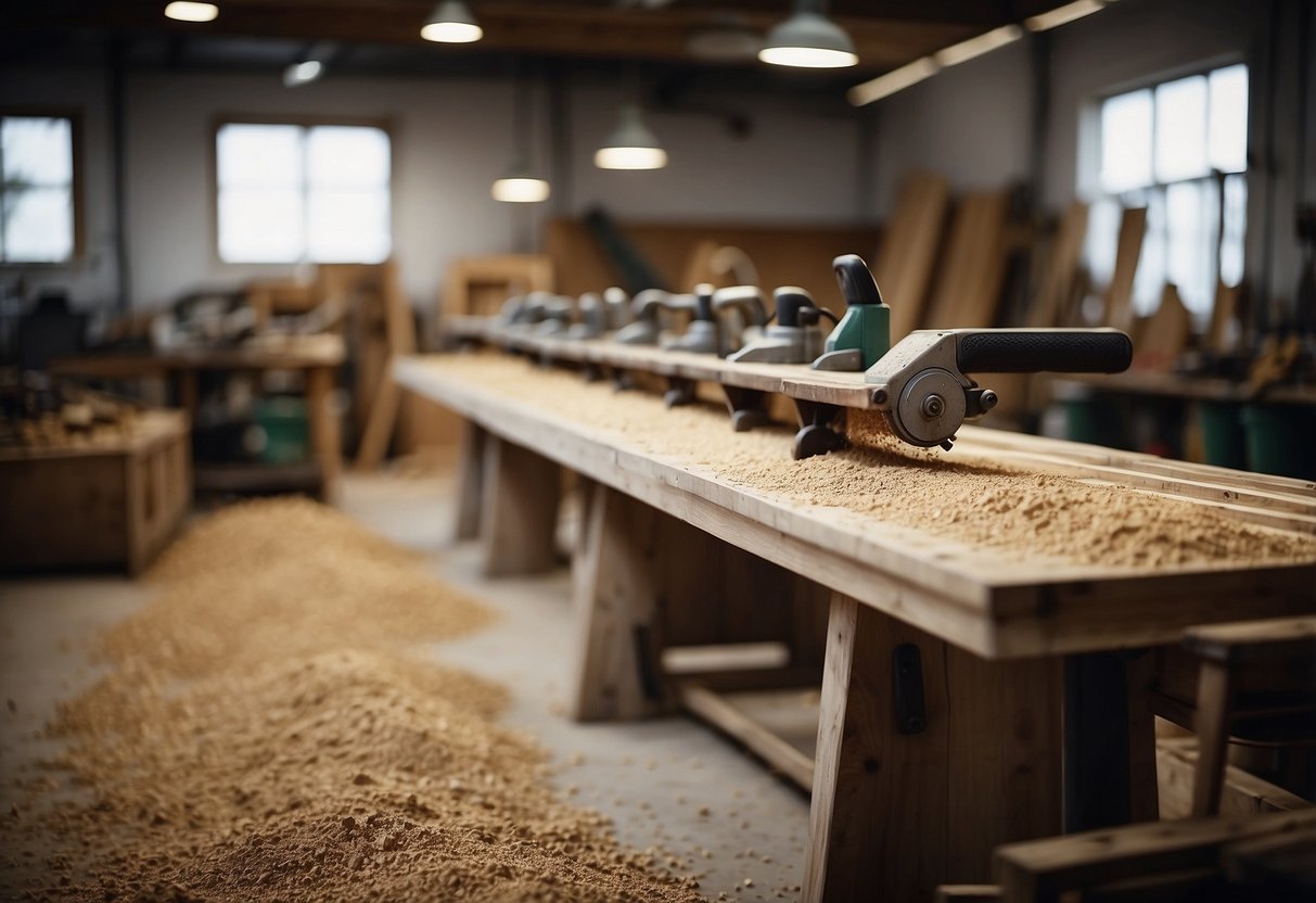 A workshop with tools and wood, sawdust in the air