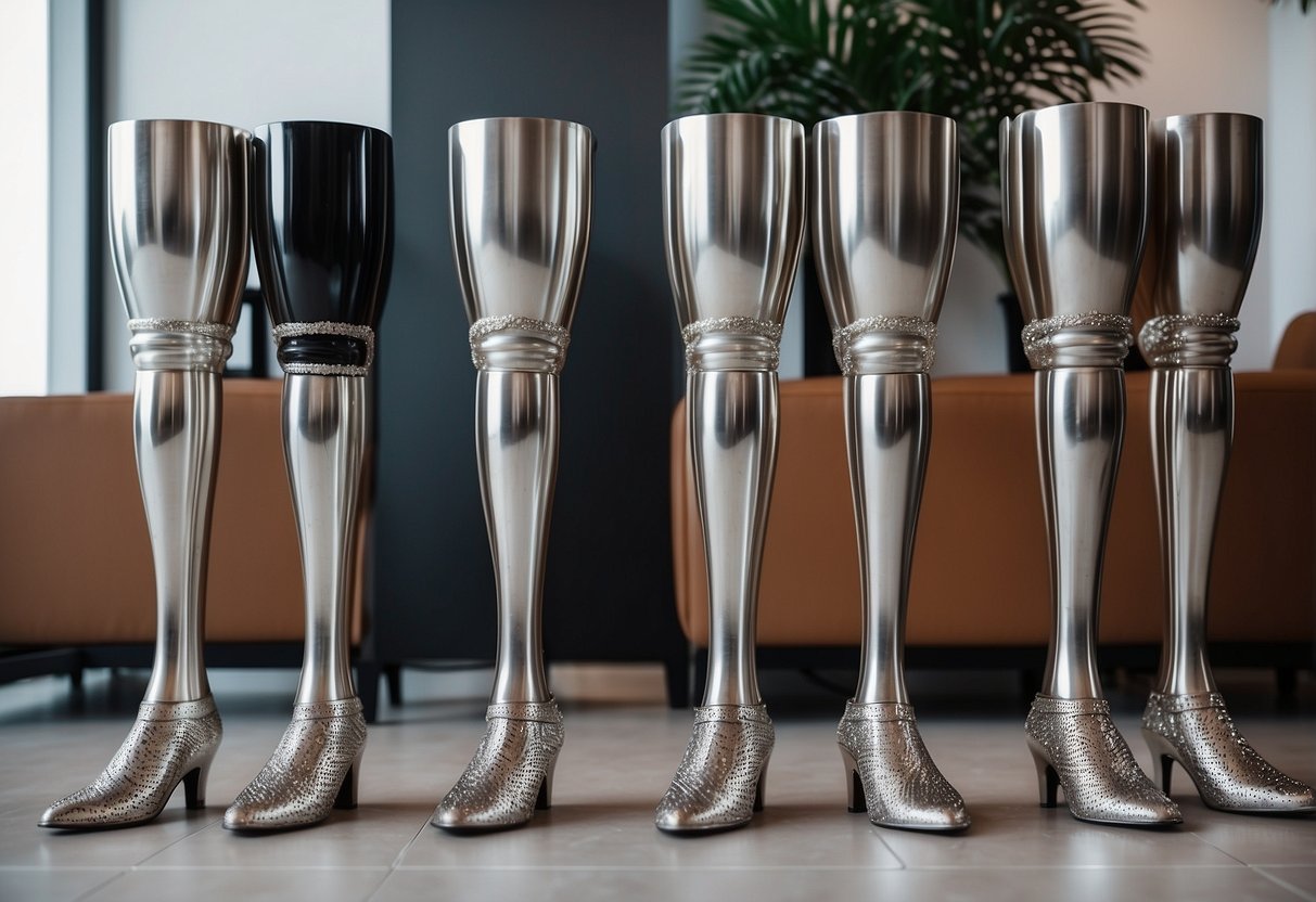Silver furniture legs displayed in a well-lit showroom, varying in height and style, with a sleek and modern design