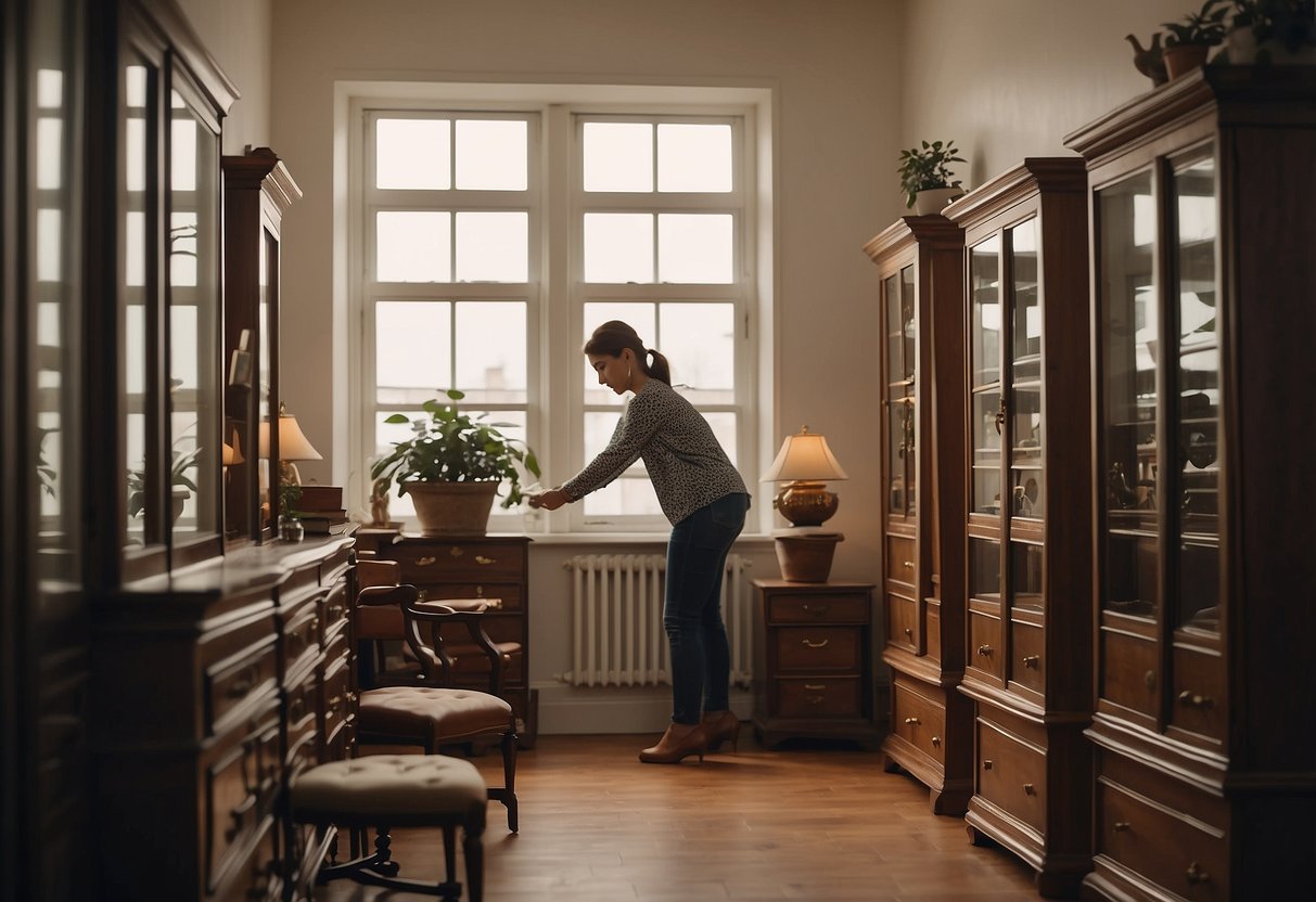 A person arranging vintage furniture in a hallway, carefully selecting the right pieces for the space