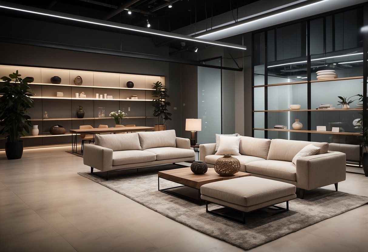 A spacious showroom with sleek, minimalist furniture displays. Clean lines and neutral colors dominate the space, with soft lighting highlighting the elegant designs