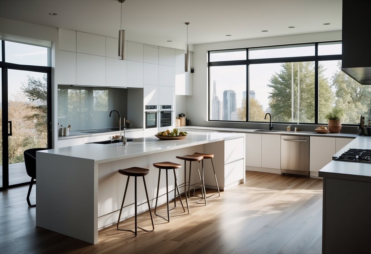 A spacious, modern kitchen with sleek IKEA cabinets, a large island with a built-in sink, and stainless steel appliances. Bright natural light streams in through the large windows, illuminating the clean, minimalist design