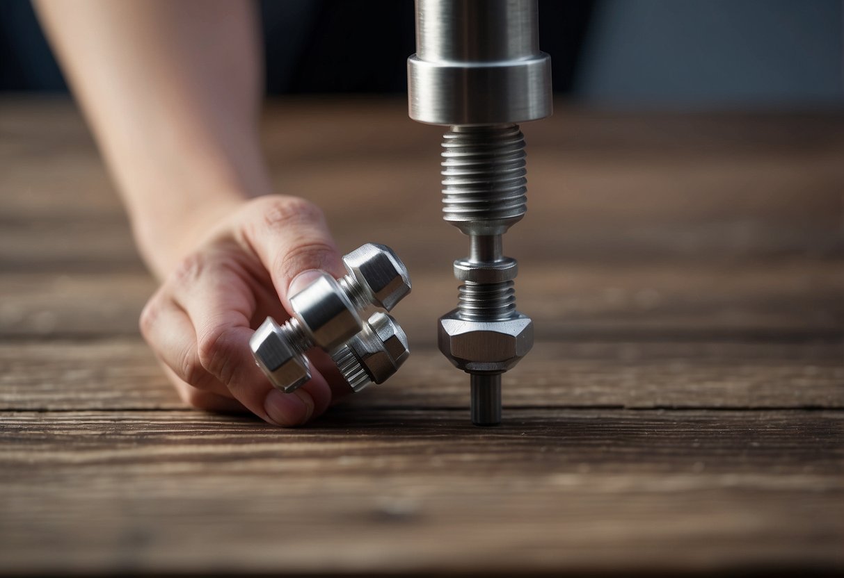 A handless figure screws silver furniture legs onto a wooden surface