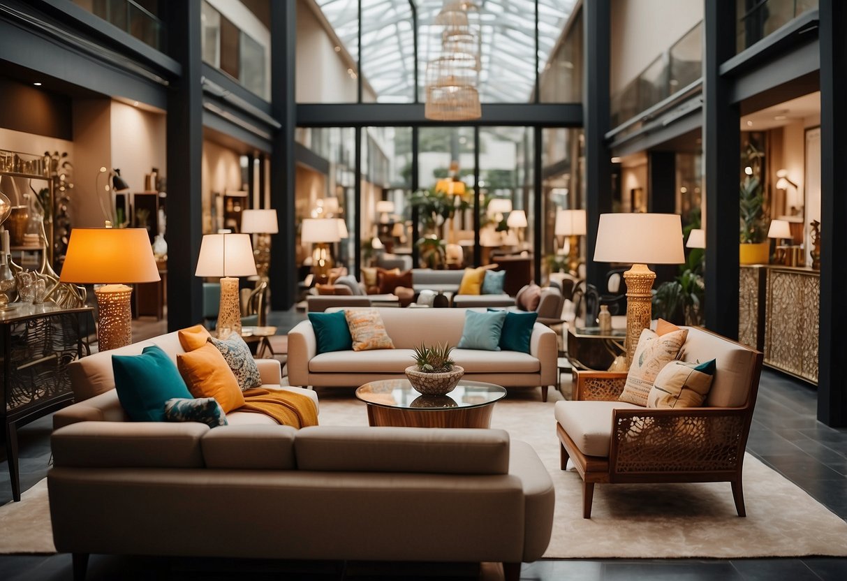 Customers browsing through the vast showroom of modern and traditional furniture, with colorful displays and intricate designs