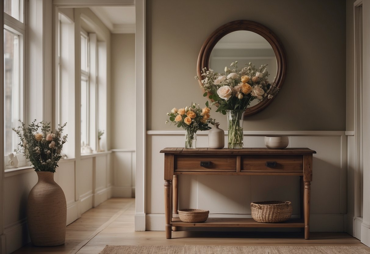 A vintage hallway with a wooden coat rack, a small table with a vase of flowers, and a mirror on the wall