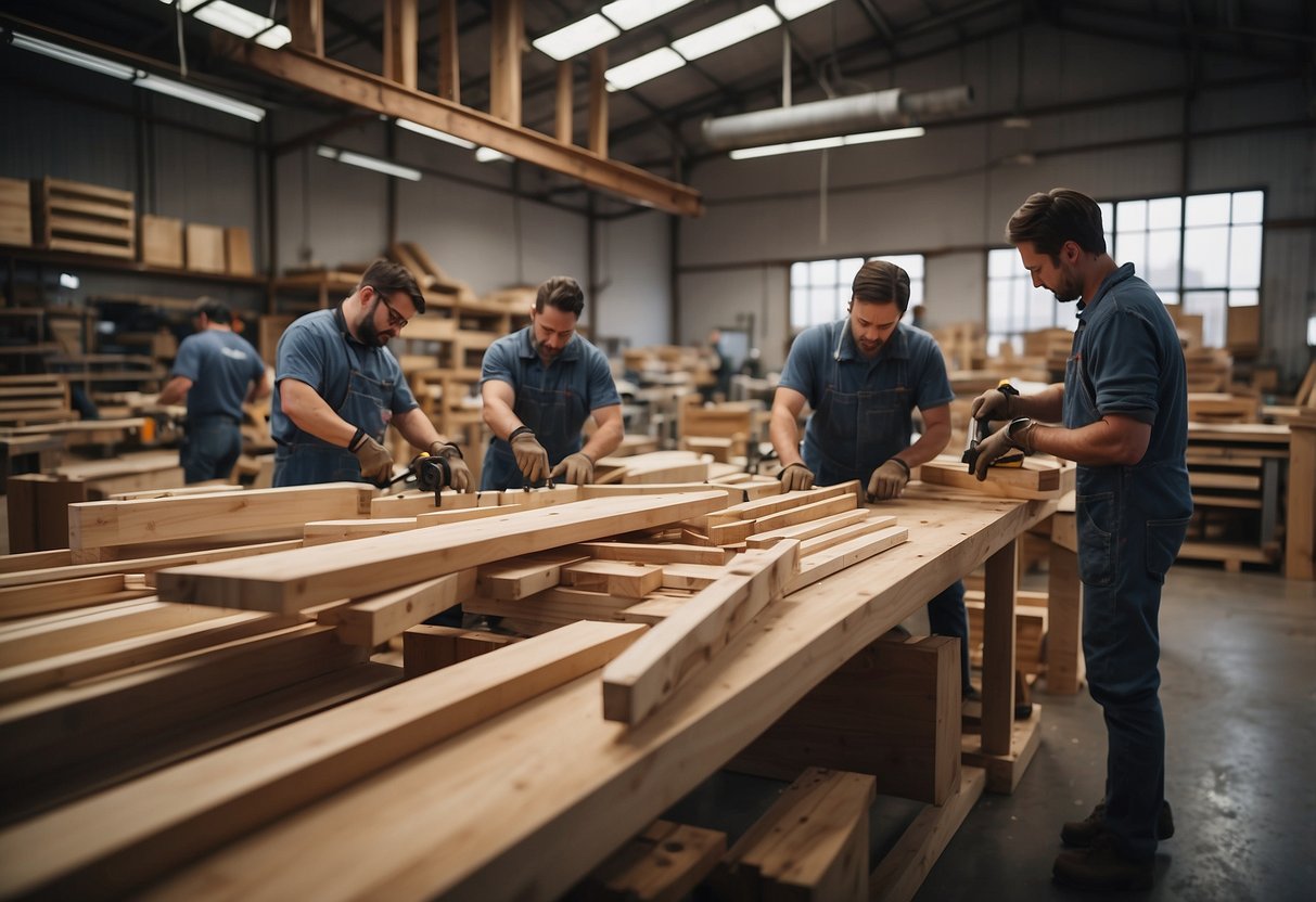 A bustling workshop with workers assembling wooden furniture pieces amidst stacks of lumber and tools