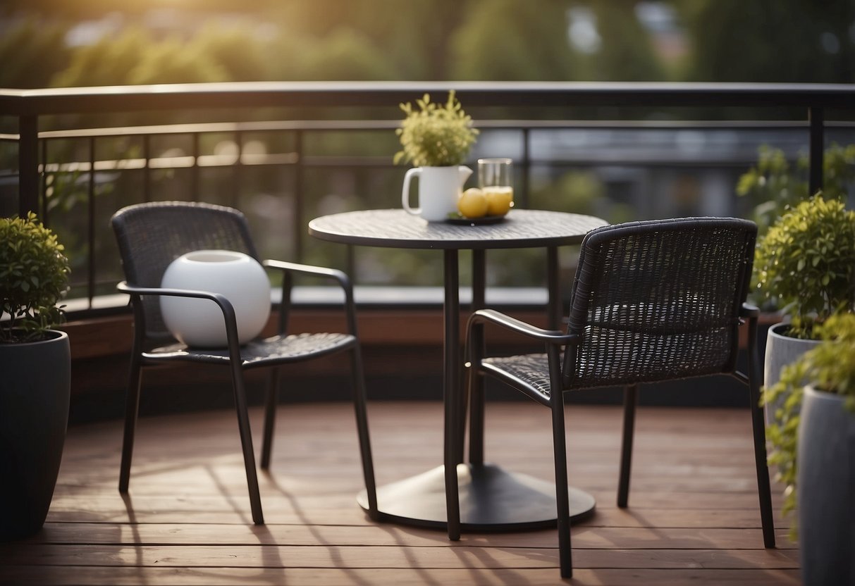A small patio set from Ikea sits on a cozy terrace, with a table and chairs arranged neatly in a modern and minimalist style