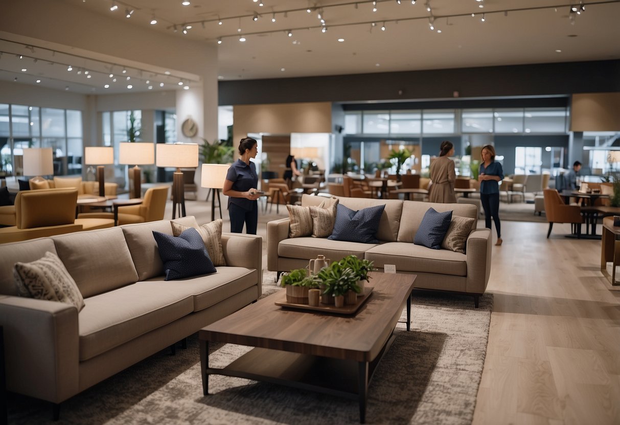 Customers browsing furniture displays in a spacious, well-lit showroom. Staff assisting with inquiries and purchases. After-sales service area visible in the background