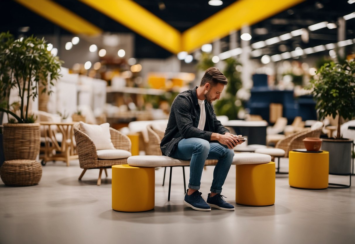 A customer browsing through a variety of small patio furniture at Ikea, carefully examining each piece before making a selection
