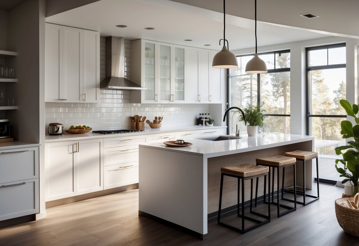 A modern kitchen with sleek, white IKEA cabinets, stainless steel appliances, and a large island with bar stools. Bright natural light streams in through the windows, illuminating the clean, minimalist design