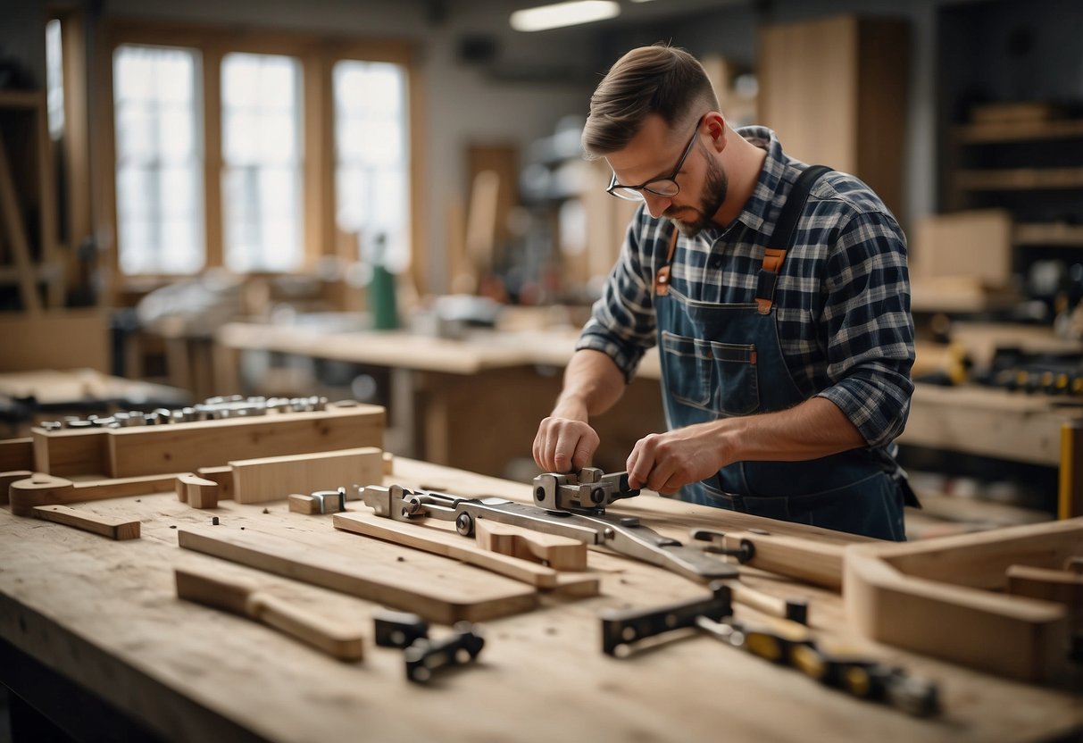 A carpenter assembling furniture parts with tools in a workshop