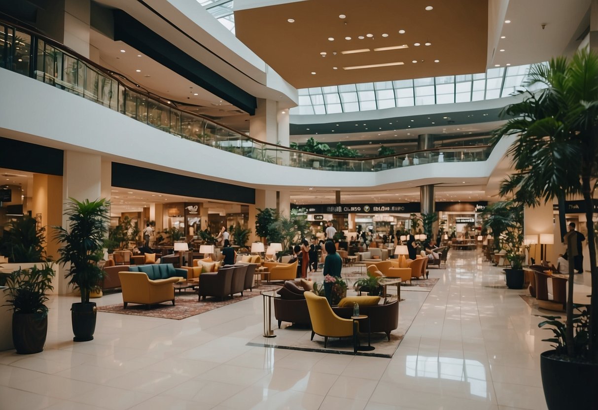 A bustling international furniture mall in Singapore, with various stores and shoppers browsing through the wide selection of furniture and home decor items