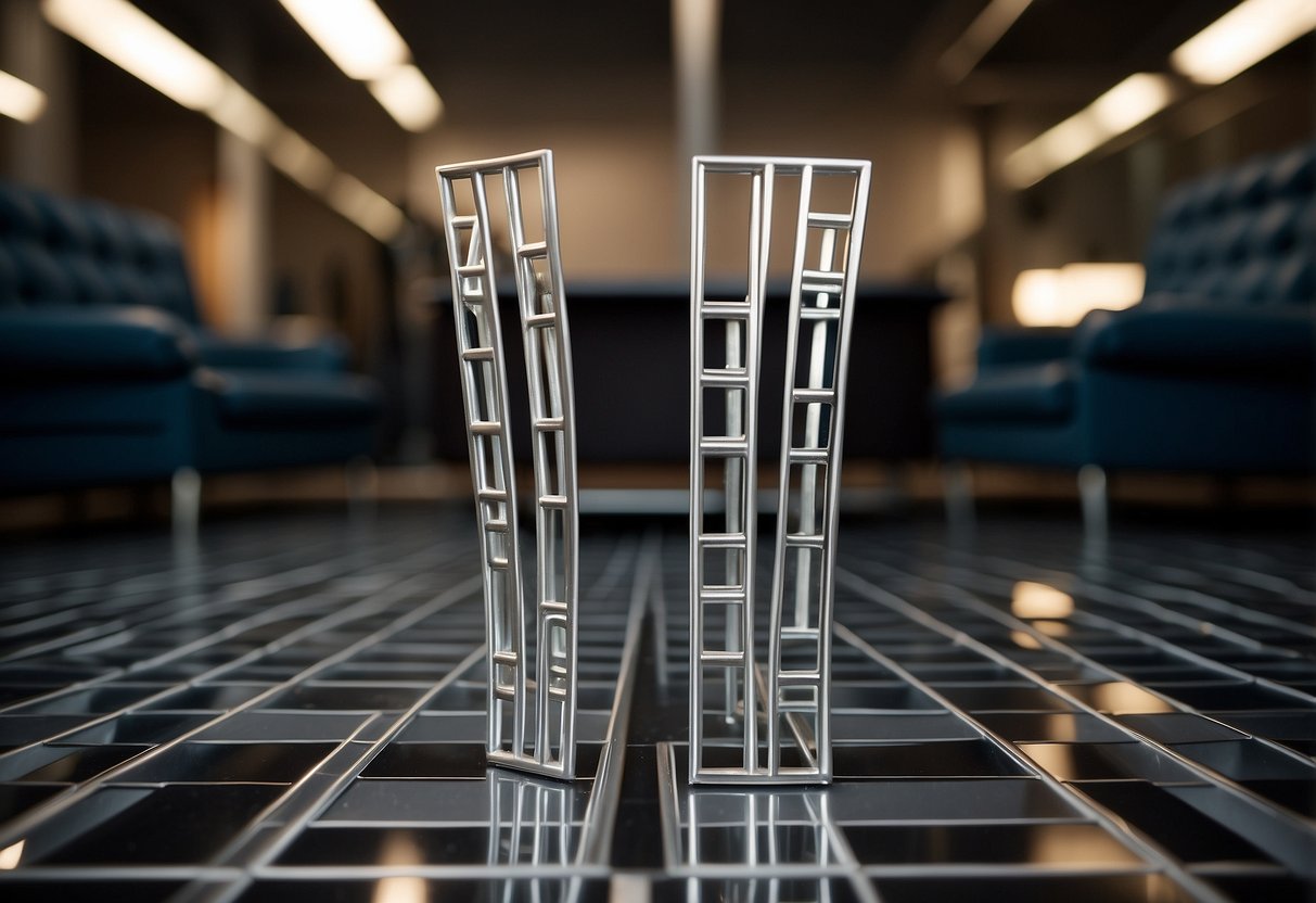 Silver furniture legs arranged in a grid pattern, with a "Frequently Asked Questions" sign in the background