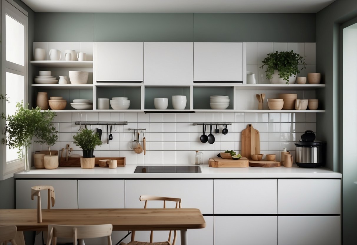 A modern kitchen with sleek, white Ikea furniture, neatly organized pots and pans, and a minimalist design