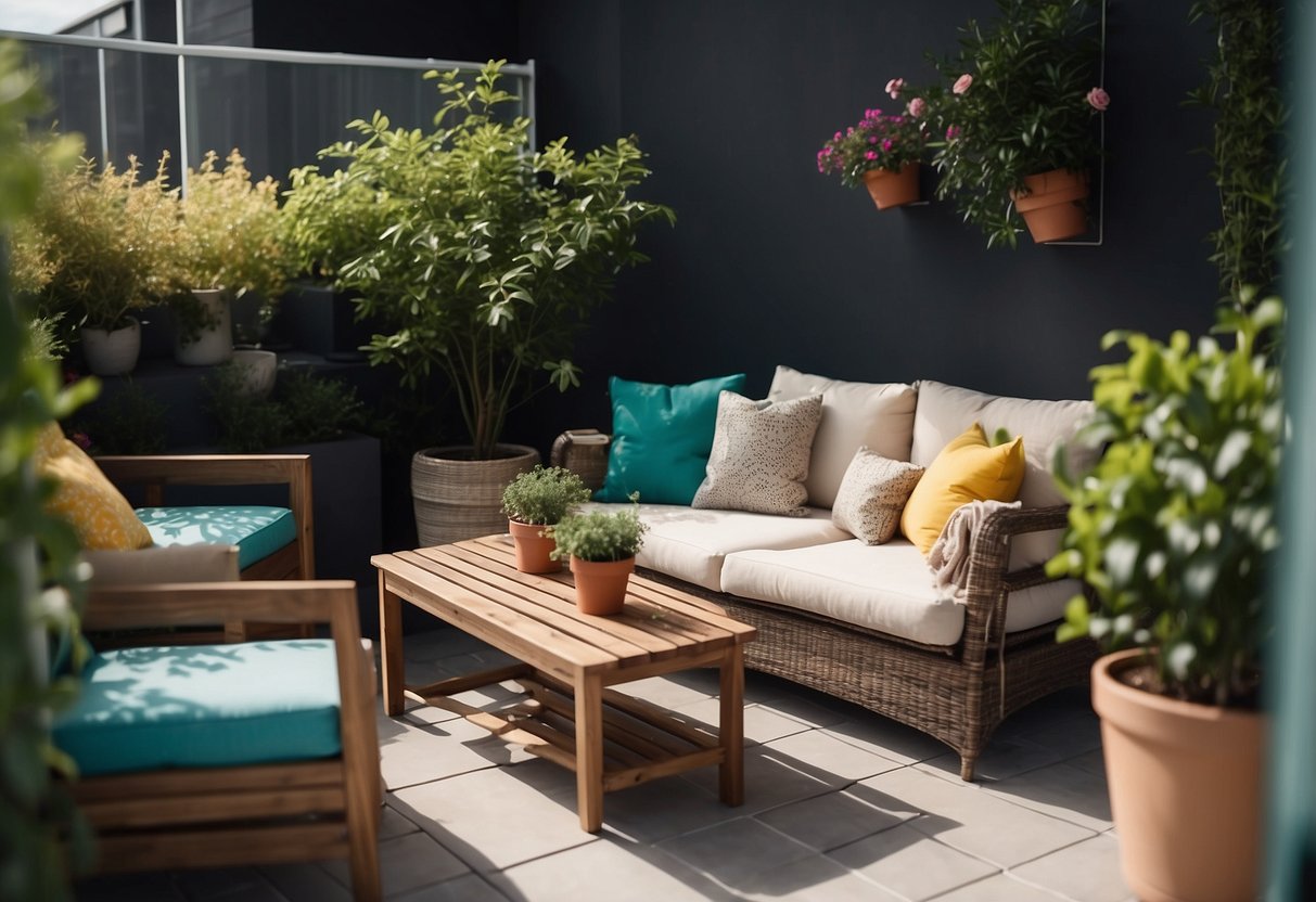 A cozy patio adorned with small Ikea furniture, featuring a stylish table and chairs, complemented by vibrant cushions and potted plants
