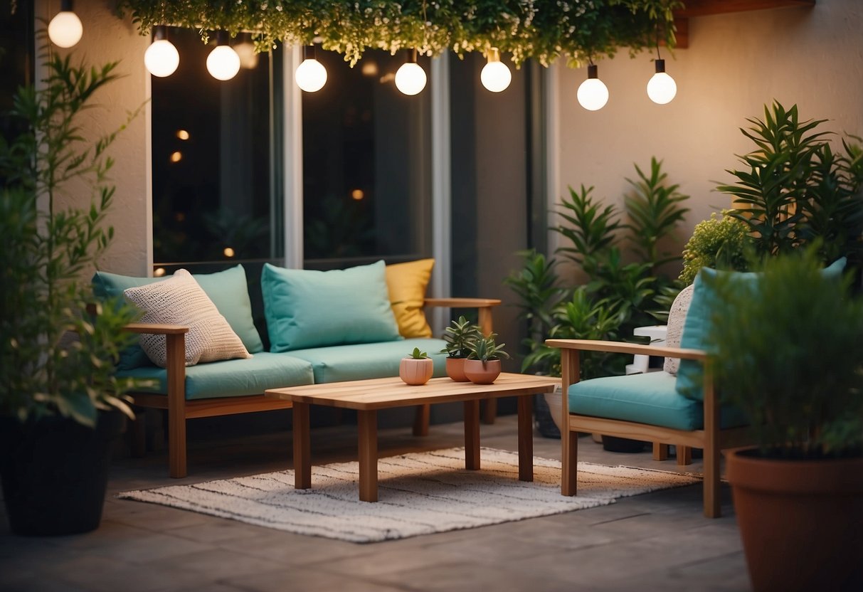 A cozy patio with modern, compact furniture from Ikea. A small table and chairs, surrounded by potted plants and soft lighting
