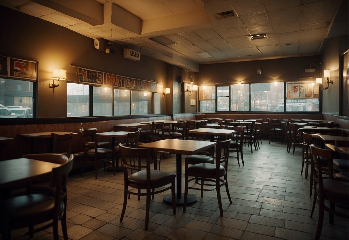 Empty restaurant with tables and chairs stacked haphazardly, "Liquidation" signs on walls, dim lighting, and a sense of abandonment