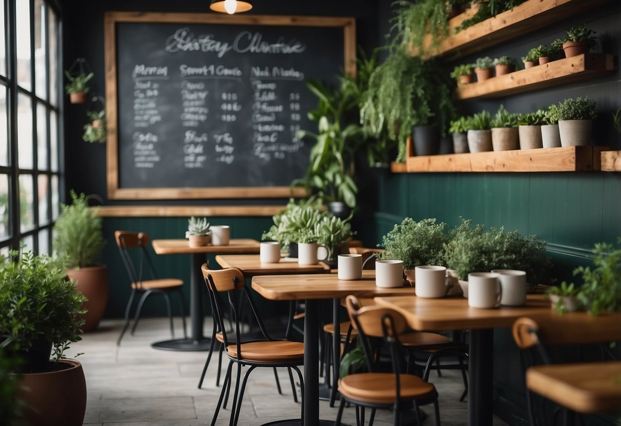 A cozy cafe with wooden tables, metal chairs, and soft lighting. A chalkboard menu hangs on the wall, and potted plants add a touch of greenery