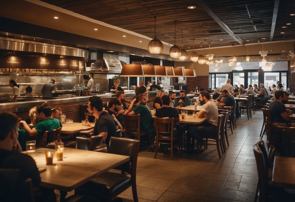 A crowded restaurant with tables and chairs being removed by workers for liquidation