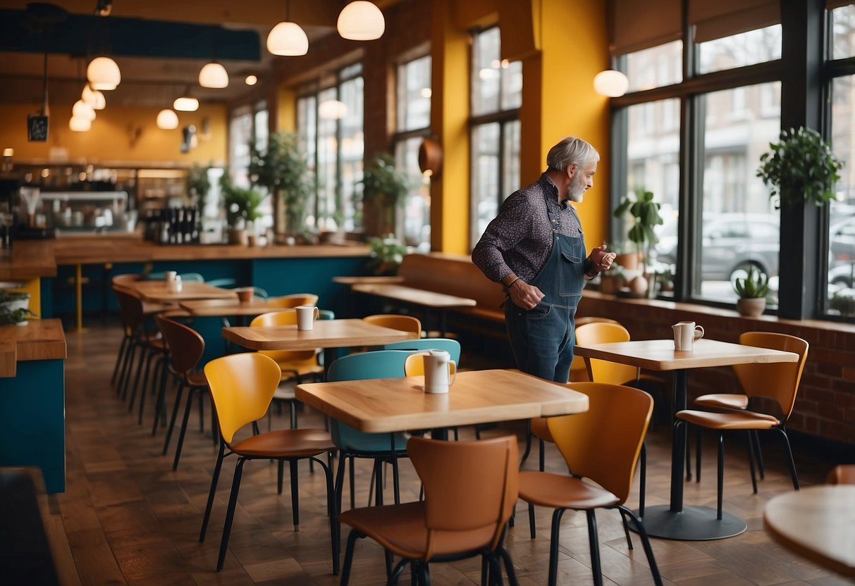 A cafe owner arranges tables and chairs, considering style and comfort. Bright colors and cozy seating create a welcoming atmosphere