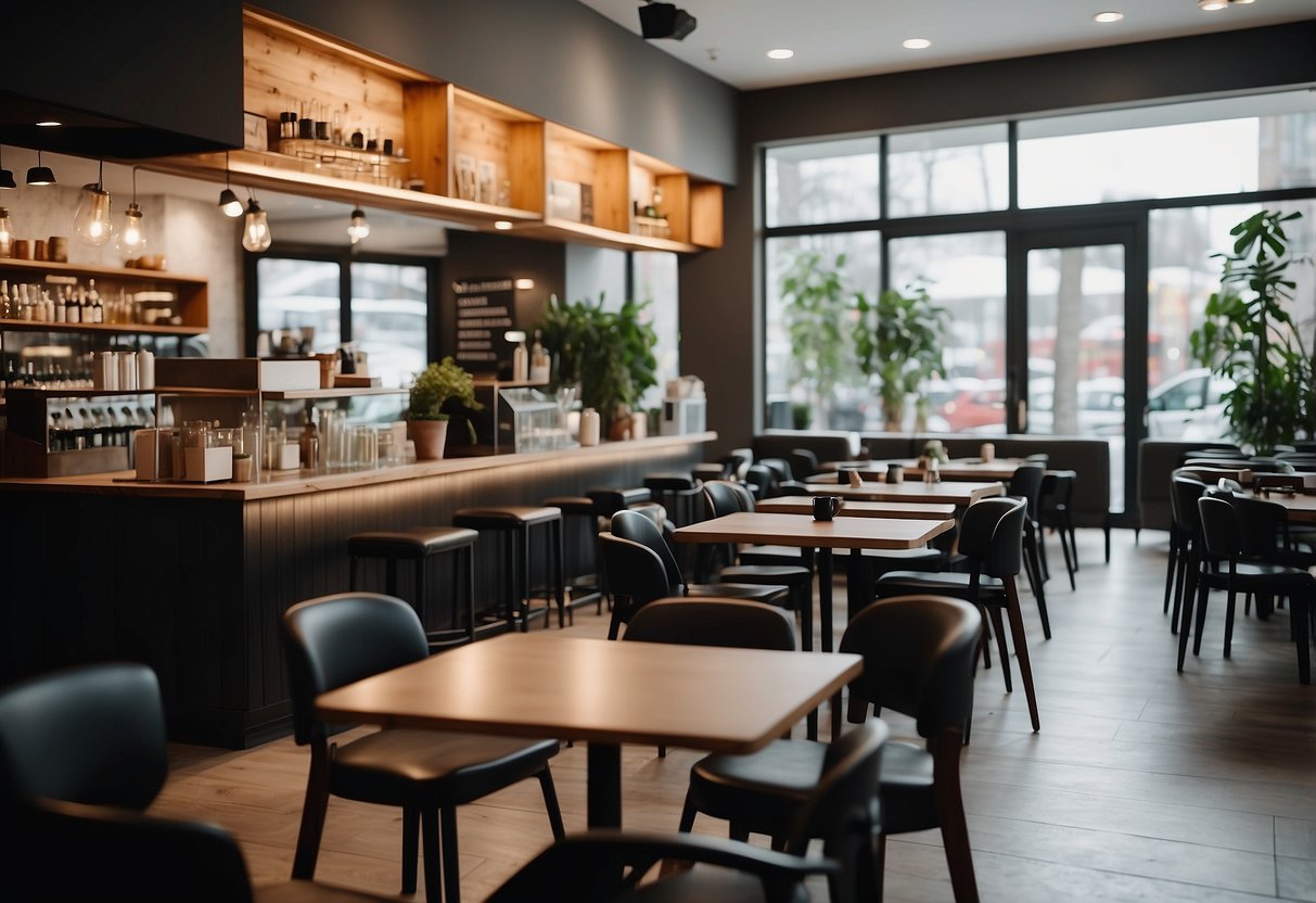 A bustling cafe with sleek, modern furniture arranged for maximum seating capacity and ease of movement for staff and customers