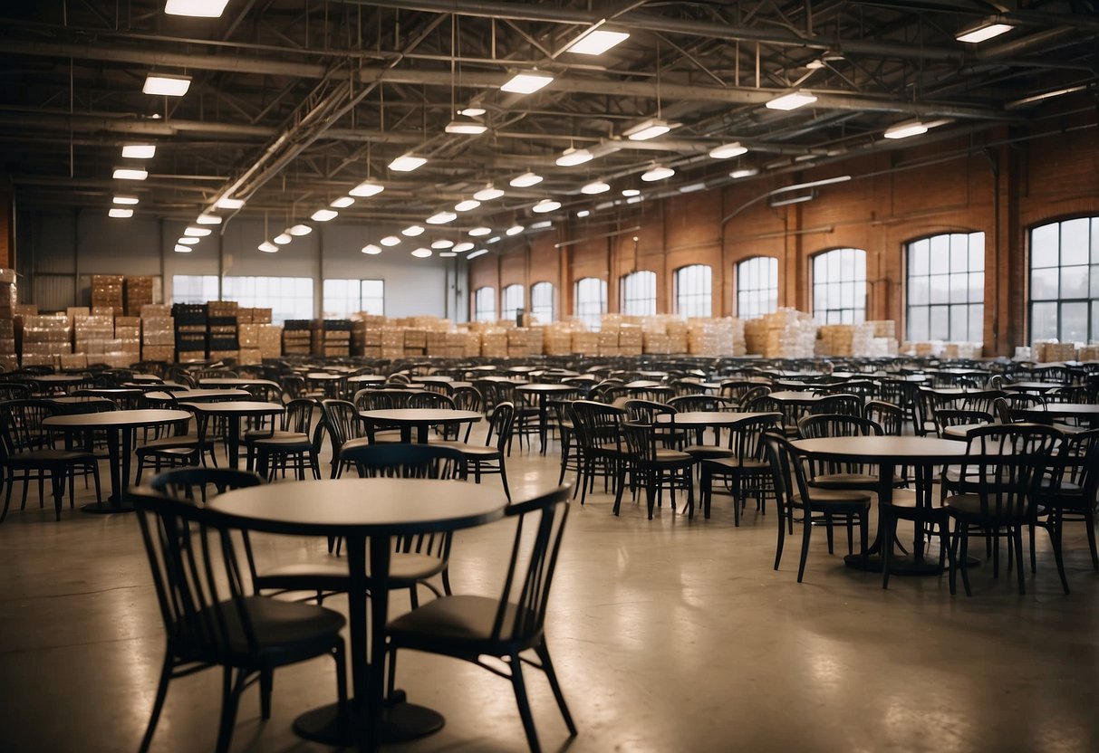 A warehouse filled with rows of stacked chairs and tables, labeled with discounted prices. A sign advertises "Used Restaurant Furniture Liquidation" in bold letters