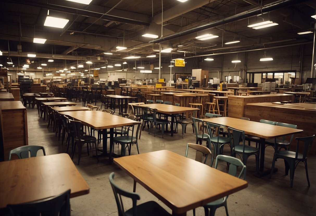 A warehouse filled with various used restaurant furniture items, including tables, chairs, and booths. A sign reads "Frequently Asked Questions: Restaurant Furniture Liquidation."
