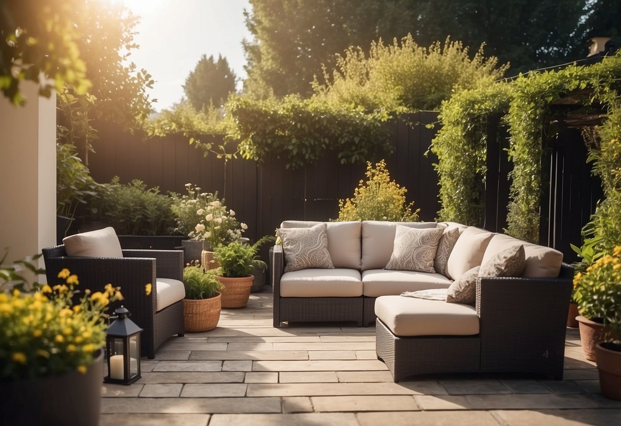 A sunny patio with Keter Corfu garden furniture set up, surrounded by lush green plants and colorful flowers