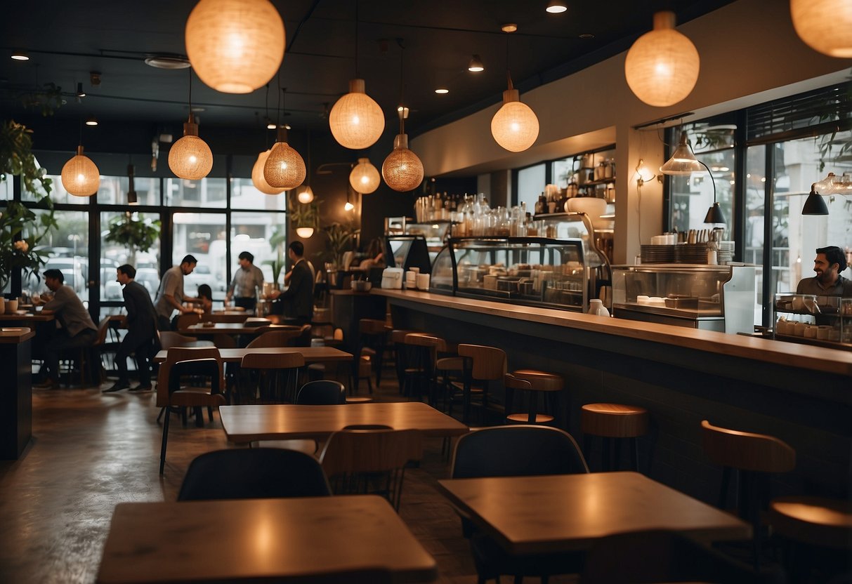 A bustling cafe with modern furniture, patrons enjoying meals and drinks, staff serving customers, and a cozy atmosphere