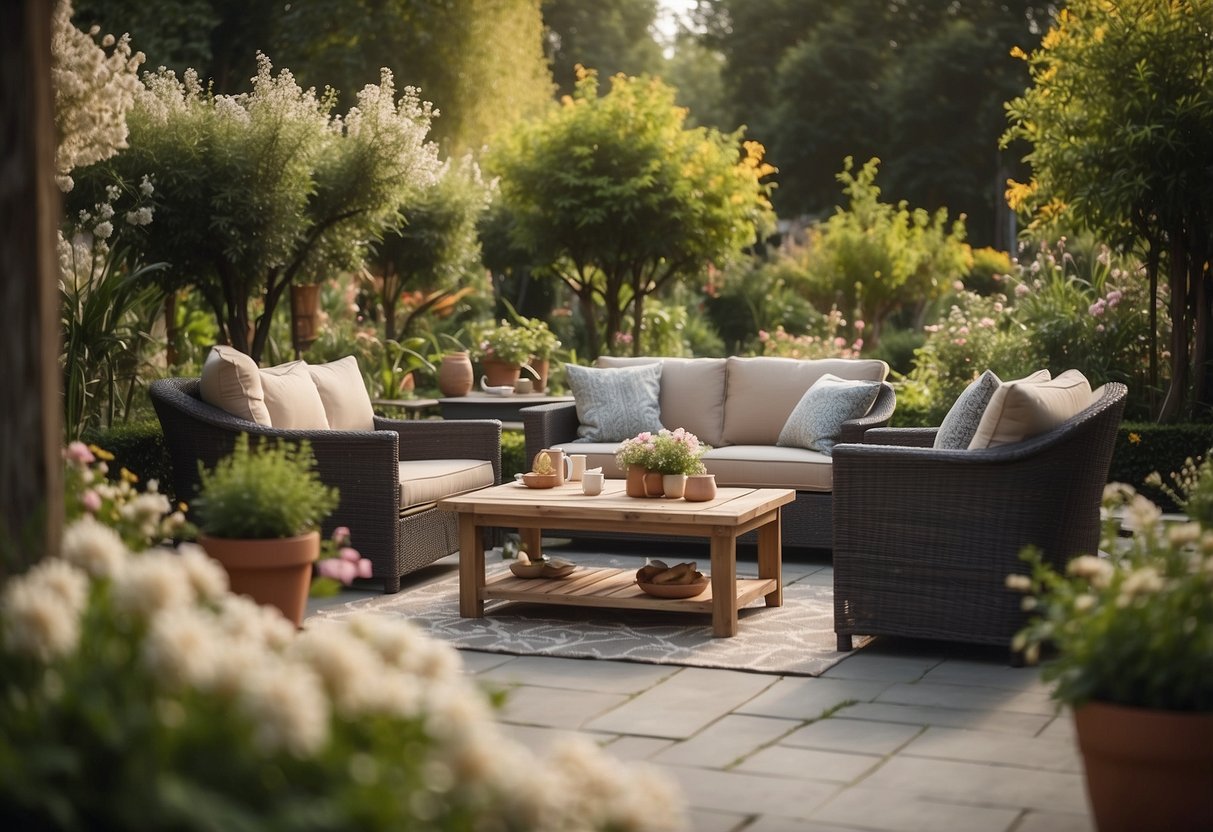A cozy outdoor patio with Keter Corfu garden furniture set amidst lush greenery and blooming flowers. A warm, inviting atmosphere with a hint of relaxation and comfort