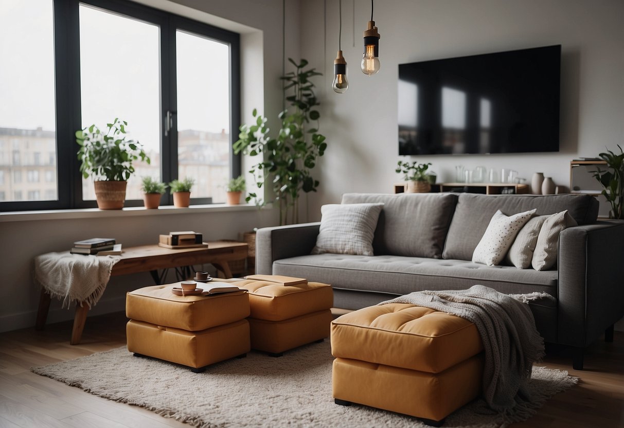 A cozy studio apartment with a convertible sofa bed, wall-mounted folding table, and multi-functional storage ottomans