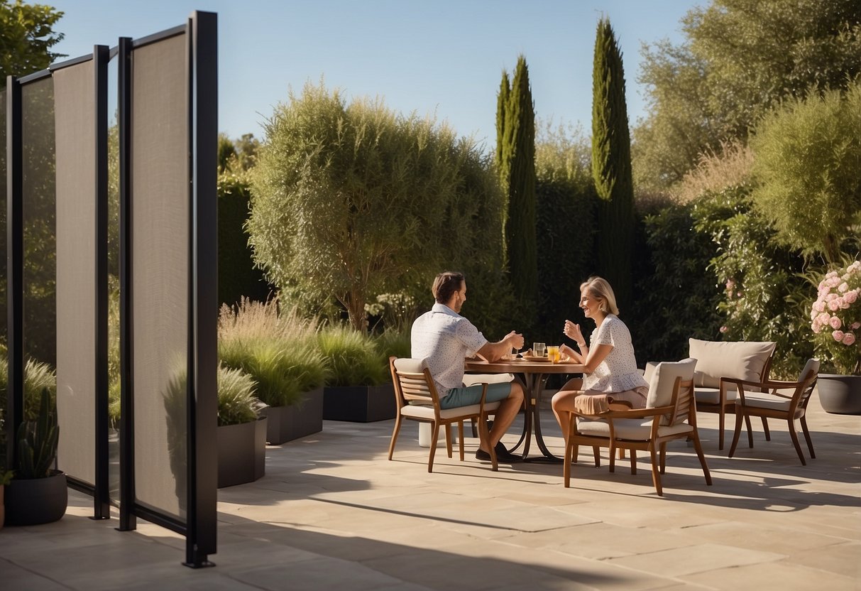 A customer selects Keter Corfu garden furniture while a privacy screen shields their transaction from onlookers