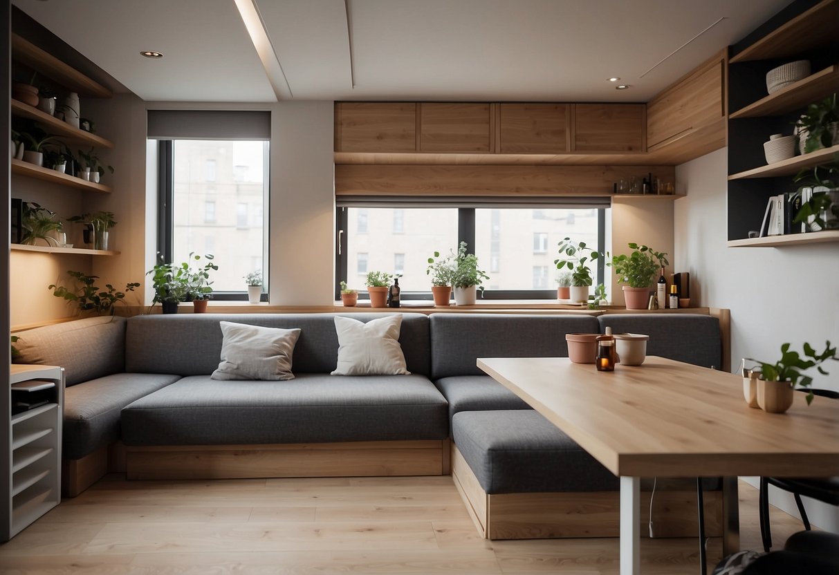 A small room with a convertible sofa bed, foldable dining table, and wall-mounted shelves. The space is maximized with multi-functional furniture