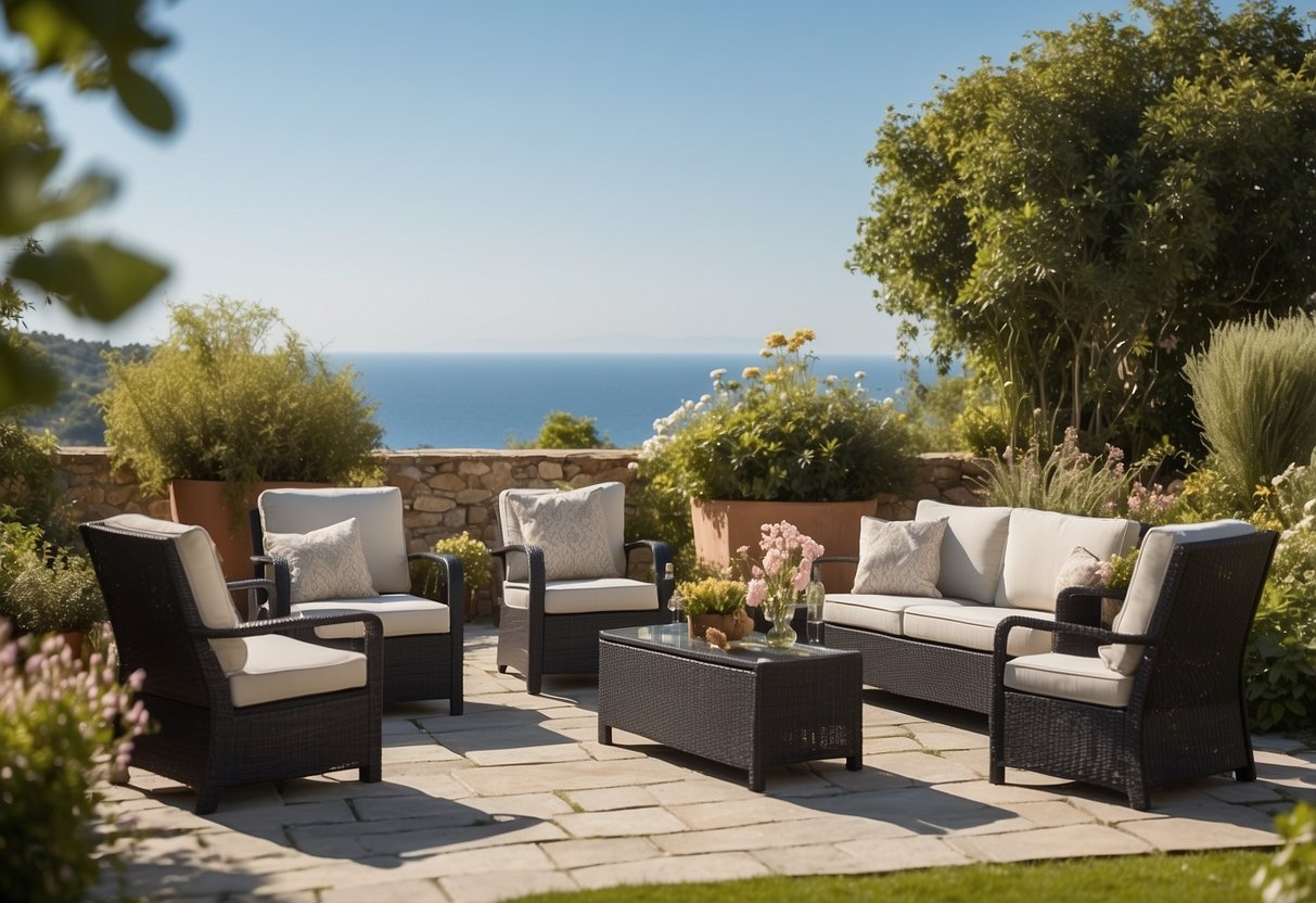 A serene garden setting with a Keter Corfu furniture set, surrounded by lush greenery and blooming flowers, under a clear blue sky