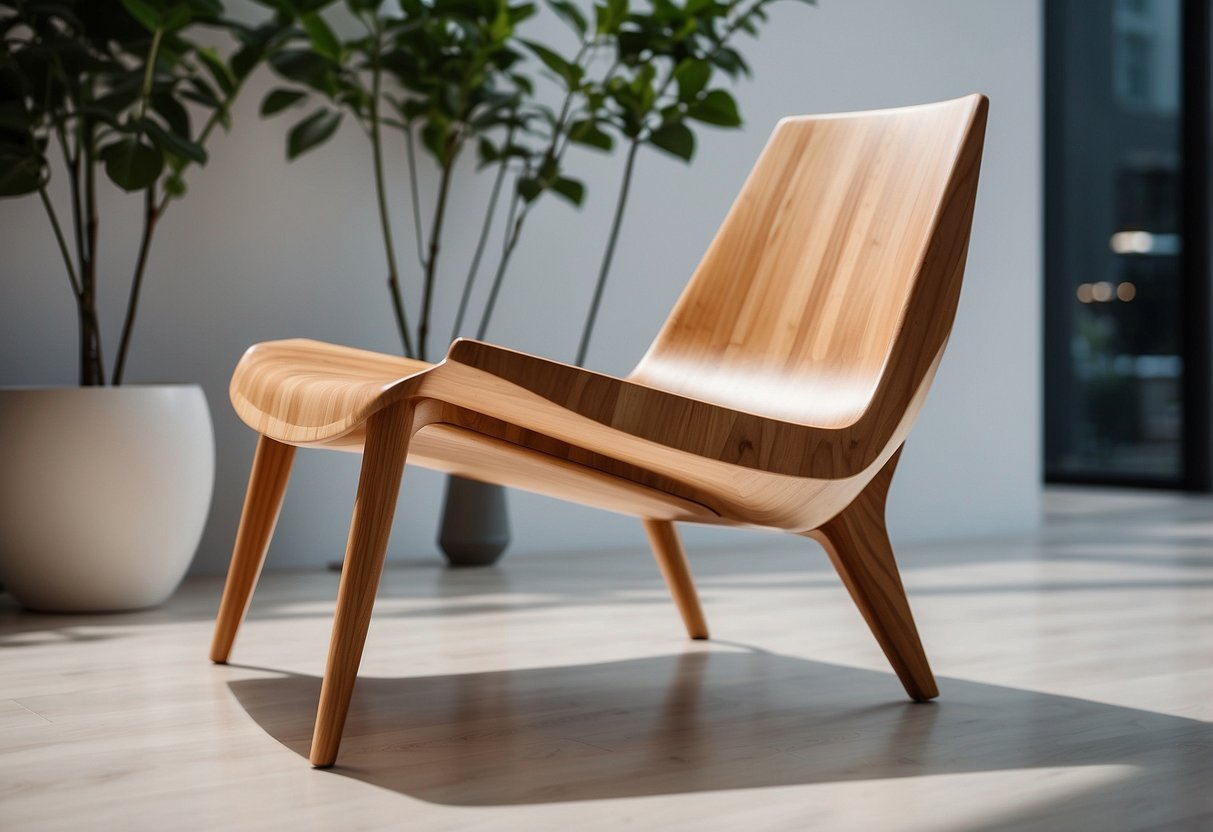 A sleek, modern chair made of laminated wood sits in a well-lit room, showcasing its smooth, seamless edges and elegant finish