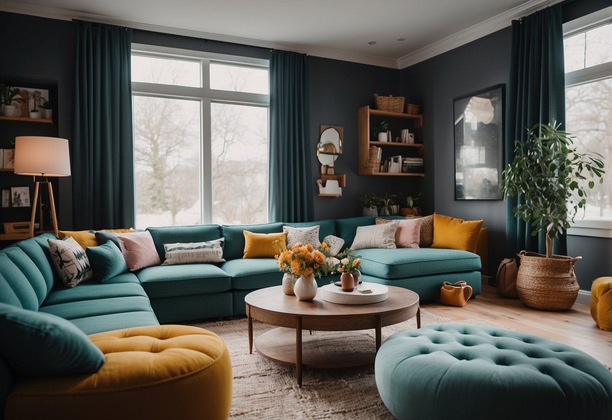 A cozy living room with multi-functional furniture, clever storage solutions, and pops of color to maximize space and add visual interest