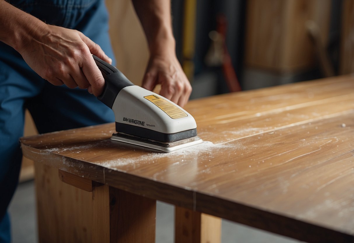 A hand-sanding tool smooths a worn laminate table. A paintbrush applies a fresh coat, restoring the furniture's glossy finish