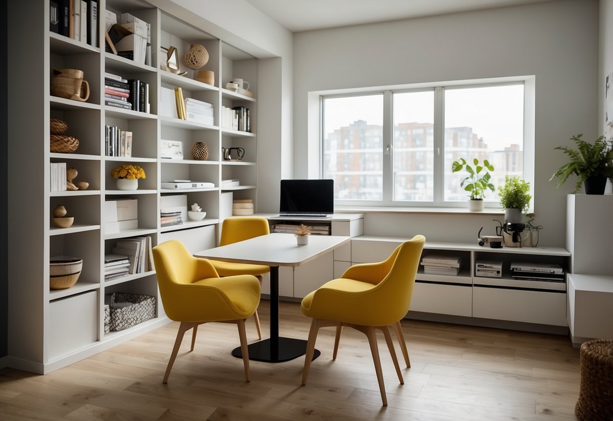 A small room with versatile furniture pieces like foldable tables, wall-mounted shelves, and multi-functional seating options. Bright colors and clever storage solutions maximize space