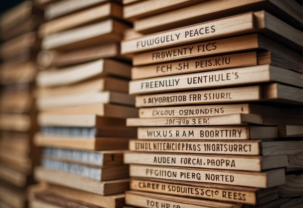 A stack of laminated wood furniture pieces with a "Frequently Asked Questions" label displayed prominently
