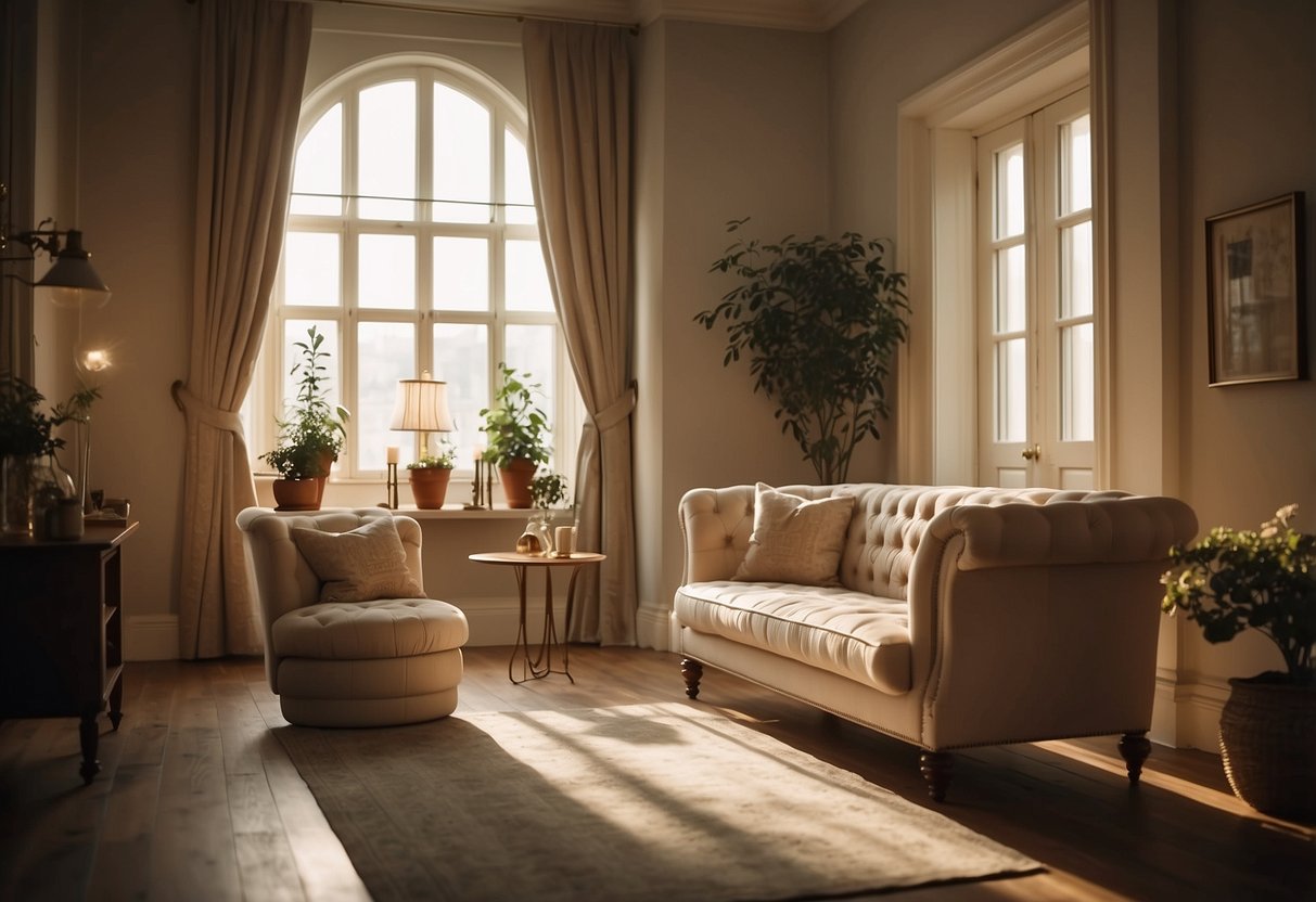 The room is bathed in warm, soft lighting, casting gentle shadows on the elegant furniture. The light reflects off the polished surfaces, creating a cozy and inviting atmosphere