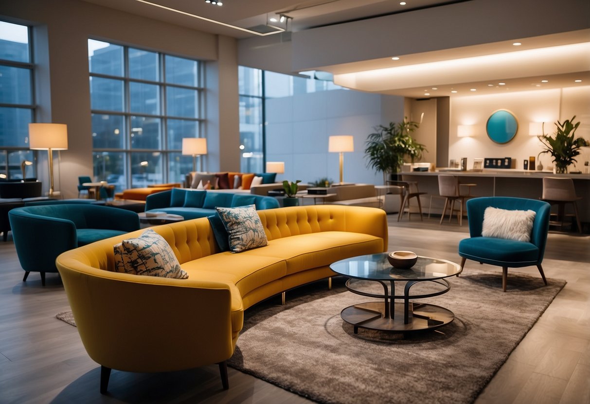 A showroom with modern furniture displays, sleek designs and vibrant colors. Bright lighting highlights the clean lines and contemporary styles