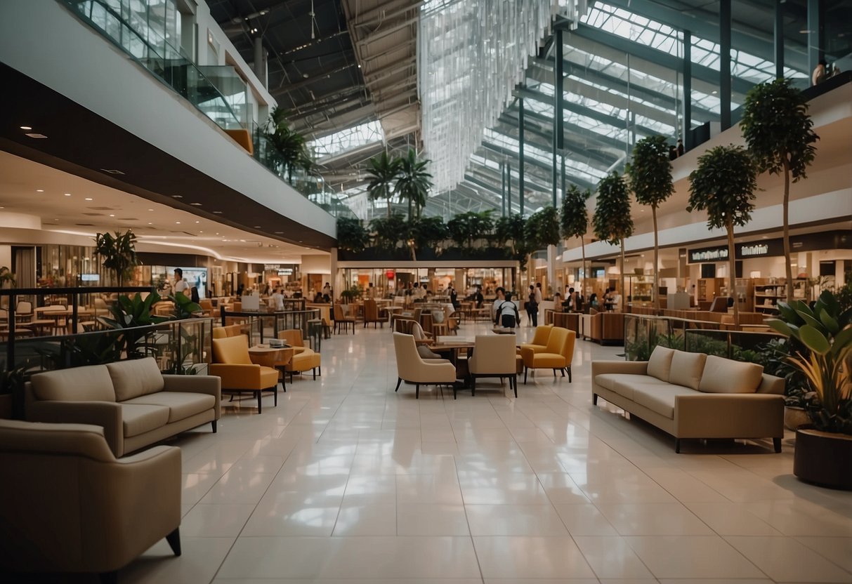A bustling furniture mall at Tampines, with rows of modern and traditional furniture displays, customers browsing, and staff assisting