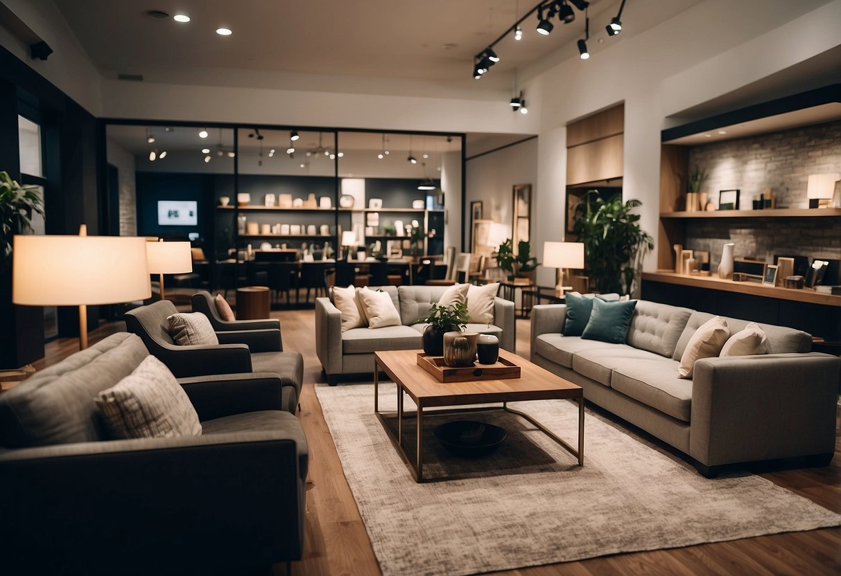 A modern furniture store with sleek displays and cozy seating areas. Customers browse through stylish decor and furnishings, while staff assist with design choices